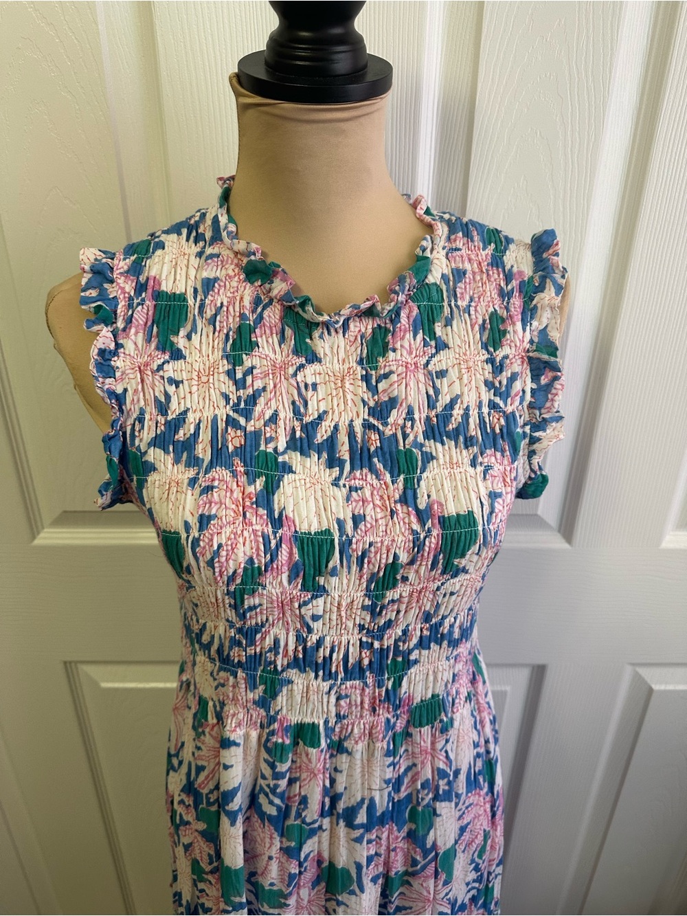 Oliphant Blue Pink Floral Smocked Maxi Dress - Picture 2 of 7